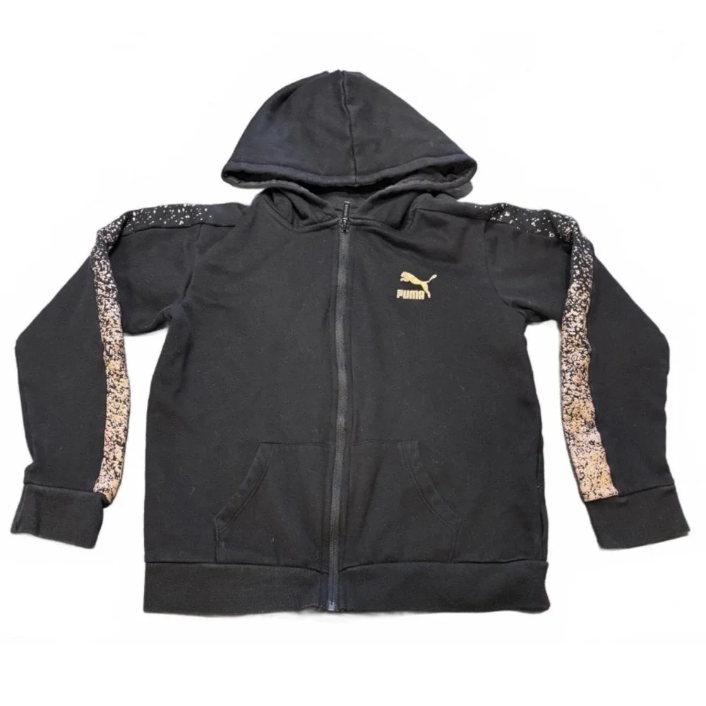 PUMA Kids XL(16) Full Zip Hoodie Black Gold Accents Sporty Athleisure Sweatshirt